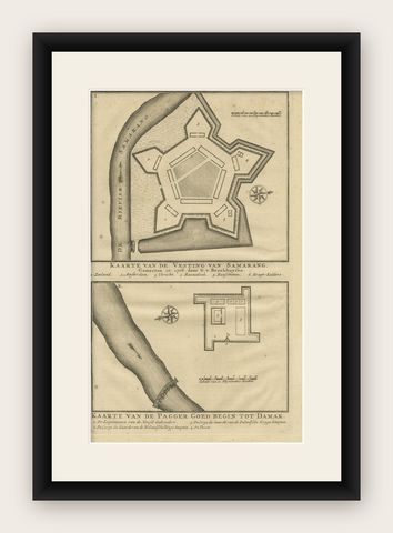 Antique Print of the Castle of Semarang and a Fortress by Valentijn, 1726, shown framed