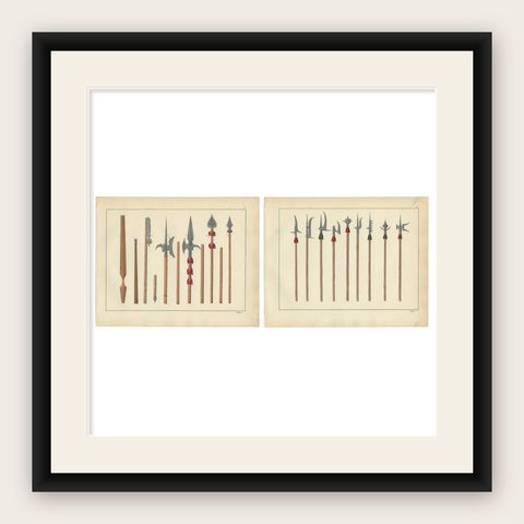 19th-Century Lithograph Compilation of Medieval Polearms and Weapons, shown framed