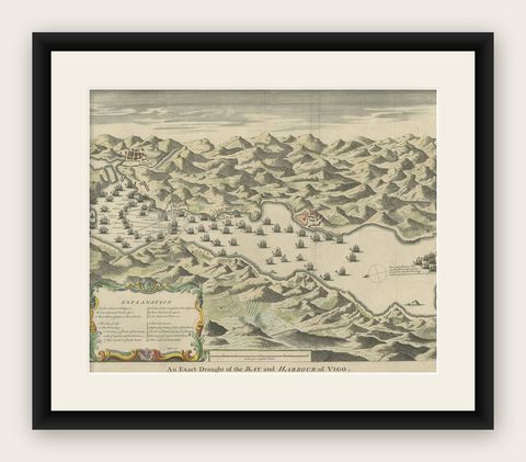 Antique Print of the Battle in 1702 of Vigo Bay or Rande, Galicia, Spain, shown framed