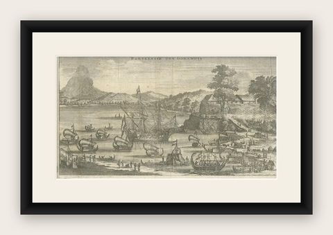 Antique Print of the Fortress of Goram by Schouten, 1725, shown framed