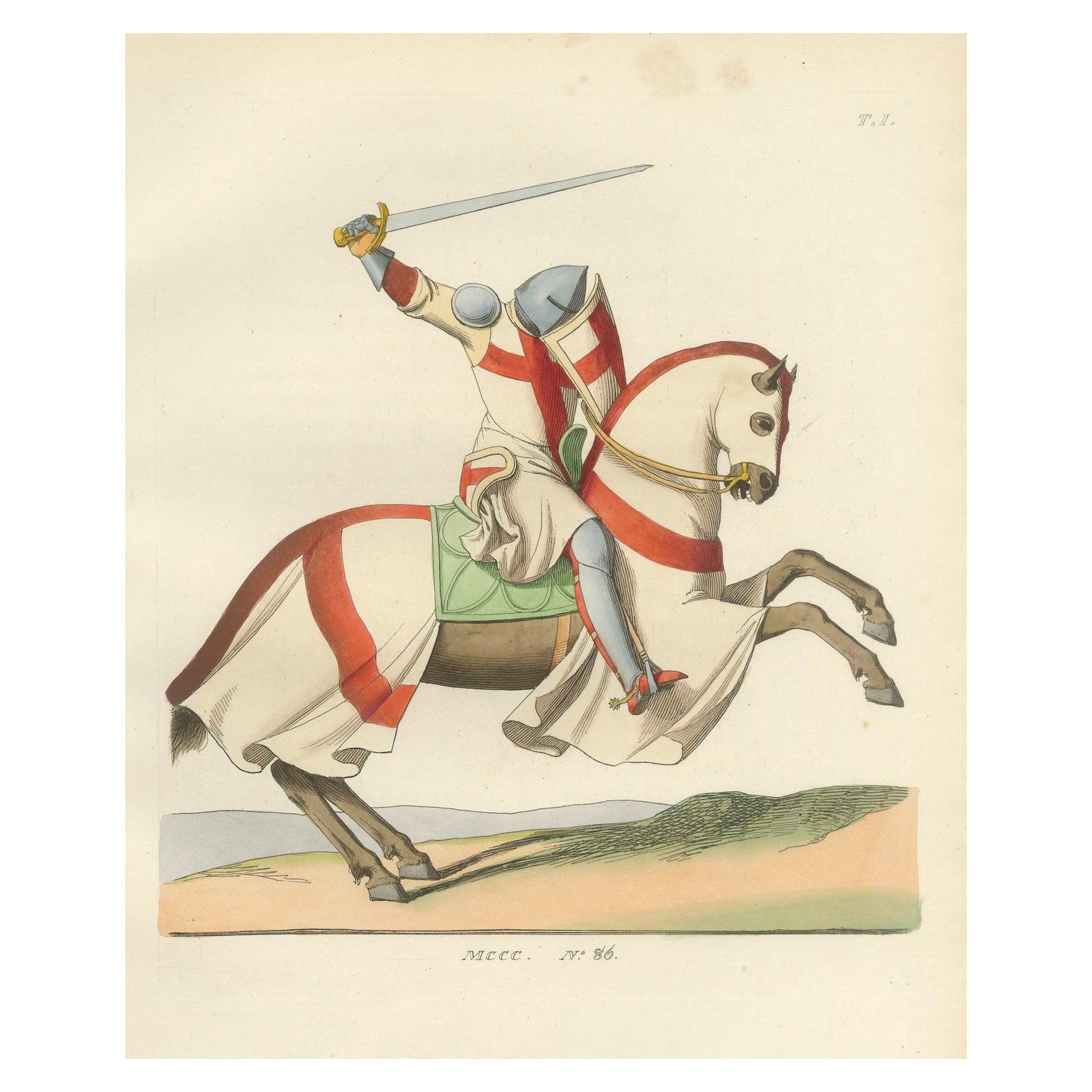 Charging Crusader Knight, Medieval Armor Print, circa 1400, published in 1845