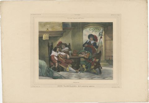 1835 Hand-Colored Lithograph: A 17th Century Guardroom, Soldiers at Rest, view 2
