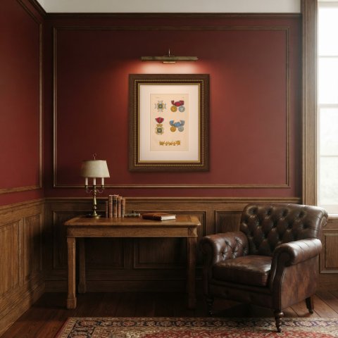 Two Sicilies, Order of Francis I Insignia, Plate XXIII, Wood Engraving, 1844, shown framed in a room