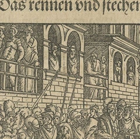 Original 16th Century Engraving of a Medieval Tournament, ca.1578, close-up 2