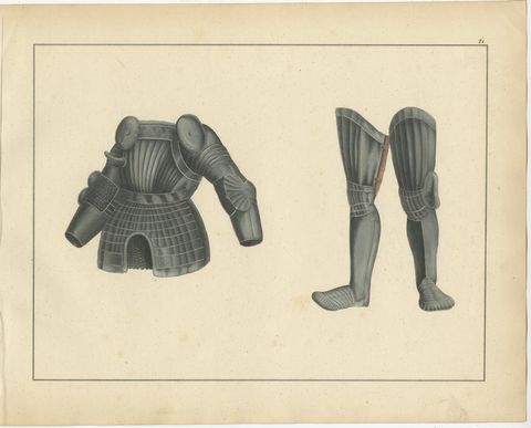 19th-Century Hand-Coloured Lithograph of Medieval Plate Armor Components, view 2