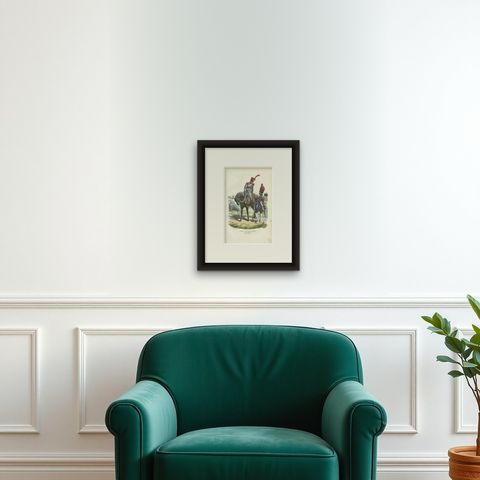 Imperial Guard Foot Artillery and Train, Napoleonic Military Print, 1843, shown framed on a wall