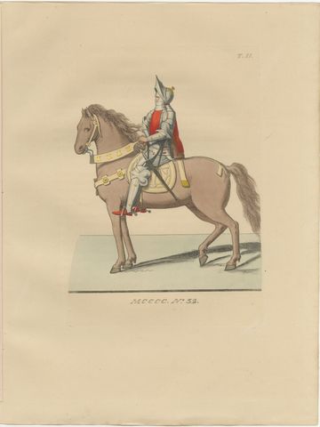 Medieval Knight on Horseback, Elegant Hand-Colored Antique Print, France 1845, view 2