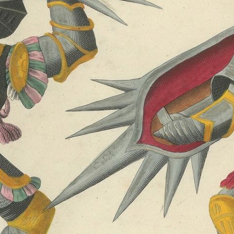 Dramatic 19th-Century Lithograph of Knights with Elaborate Spiked Shields, close-up 4