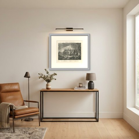 Battle of Bassano, the Dog on the Field, Antique Madou Lithograph, 1827, shown framed in a room