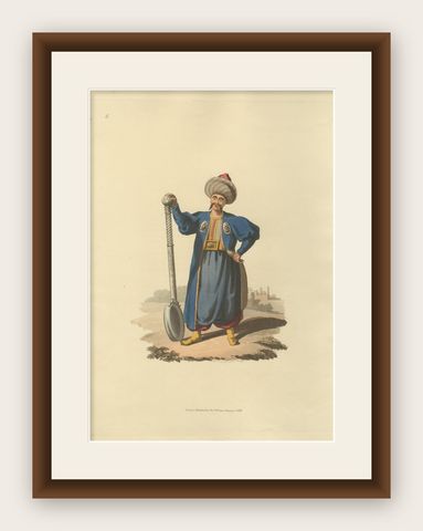 Antique Print of Ladle Bearer, The Military Costume of Turkey, 1818, shown framed