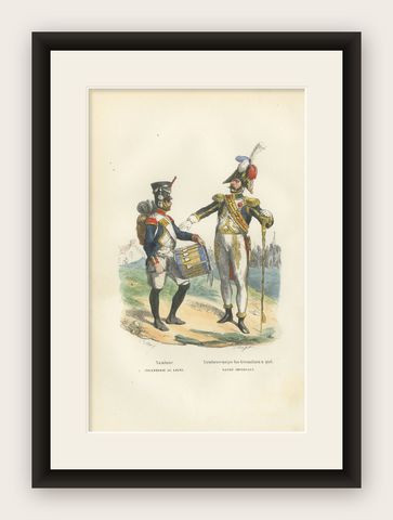 Napoleon I Imperial Guard Grenadier Drum Major and Line Infantry Drummer c1843, shown framed