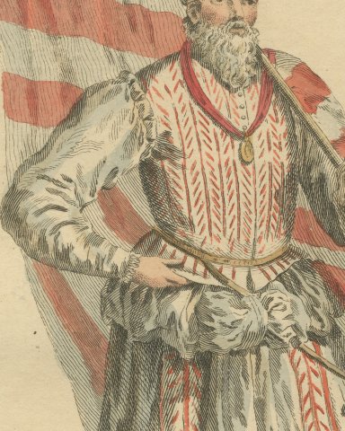 Ensign of the German Infantry with Red and White Flag, Costume of 1588, 1757, close-up 2