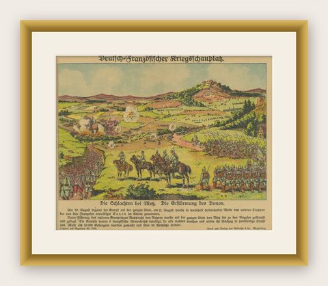 Battle of Metz 1914 Color Lithograph Print, WWI Historical Scene, shown framed