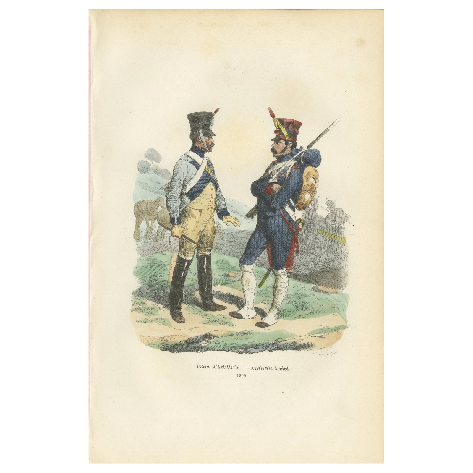 Train of Artillery and Foot Artillery, Napoleonic Military Print, Published 1843