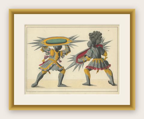 Dramatic 19th-Century Lithograph of Knights with Elaborate Spiked Shields, shown framed