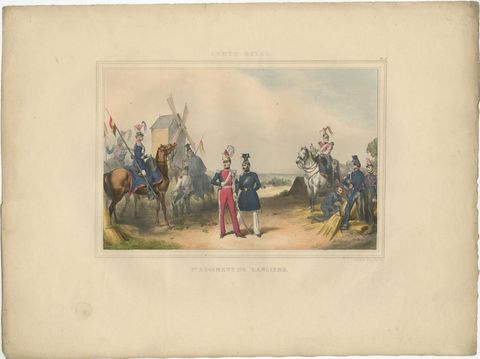 Rare Hand-Colored Print of a Belgium Army Regiment Near a Windmill, 1833, view 2