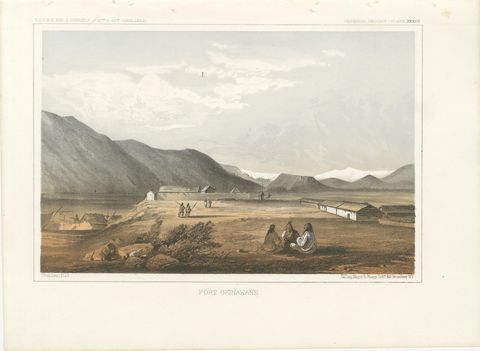Fort Okinakane, Tinted Lithograph from the Pacific Railroad Survey, 1856, view 2