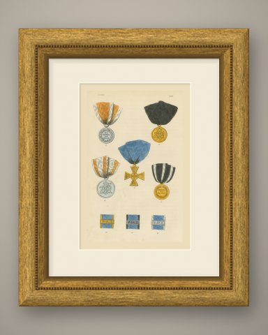 Prussian Medals, For Rescue from Danger and Service Bars, Plate LXIII, 1844, shown framed