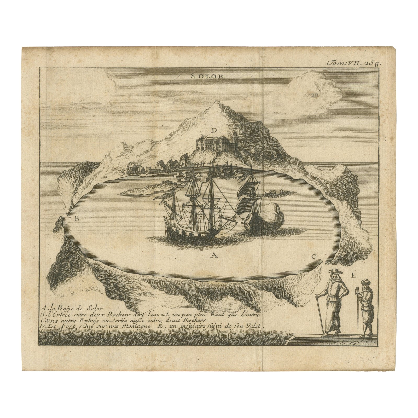 Rare 17th Century Engraving of Solor Island Fort and Bay, Indonesia, circa 1670