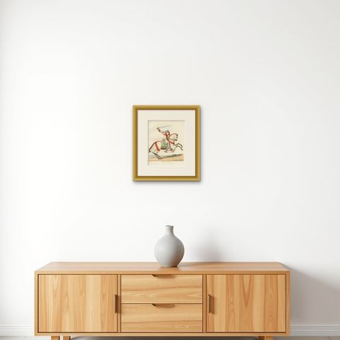 Charging Crusader Knight, Medieval Armor Print, circa 1400, published in 1845, shown framed on a wall