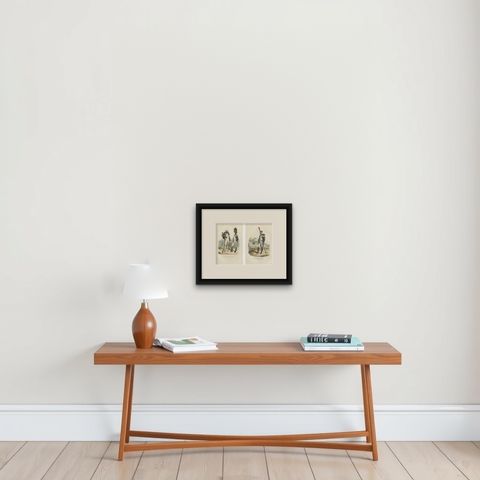 Napoleonic Imperial Guard Grenadiers, Officer and Soldier, French Prints, 1843, shown framed on a wall