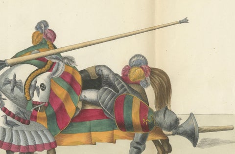 Hand-Coloured Jousting Scene: Armoured Knight and Striped Caparisoned Horse 1842, close-up 2