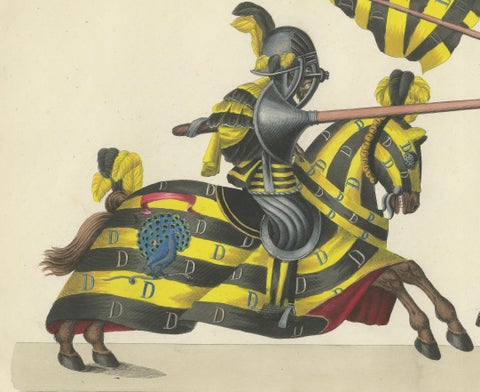 Hand-Coloured Knightly Joust Print: Vibrant Heraldic Horses and Armor, 1842, close-up 6