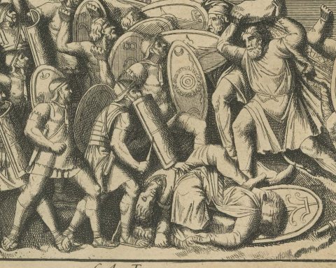 Roman Army Crossing a Bridge of Boats, Trajan's Column, Montfaucon, 1722, close-up 1