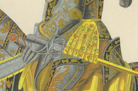 Knight in Full Tournament Armor on an Elaborately Caparisoned Horse, 1842 Litho, close-up 5
