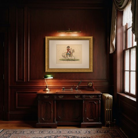 Sir Thomas Picton with Telescope on a Gray Horse Before an Army Camp, 1815, shown framed in a room