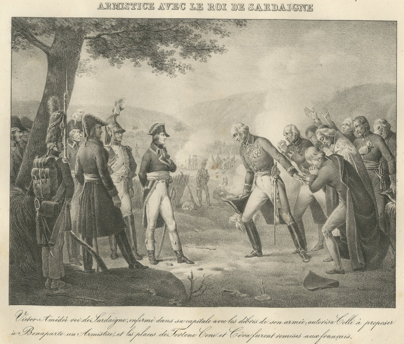 Victor Amadeus Sues for Armistice, Sardinia, Antique Madou Lithograph, 1827
