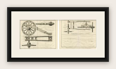 18th-Century Artillery Engraving of the Spanish Captain's Carriage and Mechanism, shown framed