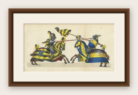 Hand-Coloured Knightly Joust Print: Vibrant Heraldic Horses and Armor, 1842, shown framed