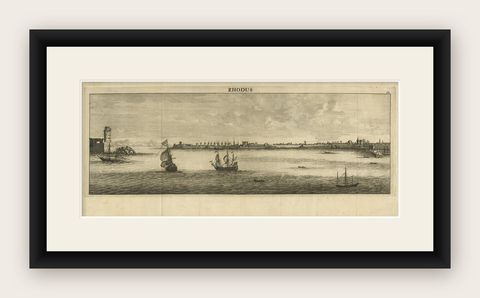 Beautiful View of Rhodes, Greece, depicting the Old Town with Fort, 1698, shown framed