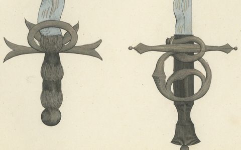 19th-Century Hand-Coloured Lithograph of Ornate Medieval and Renaissance Swords, close-up 2