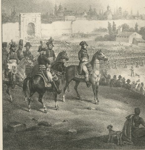 Napoleon's Entry into Milan, Massena's Division, Antique Madou Lithograph, 1827, close-up 1