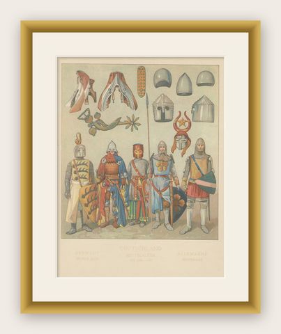 Medieval German Knights and Armor, Antique Hand-Colored Print c.1880, shown framed