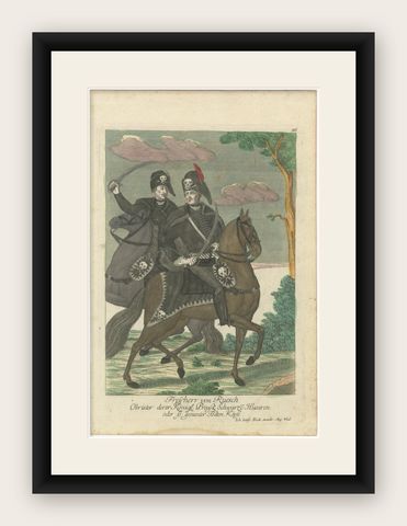Death's Head Skull Hussars, Freiherr von Ruesch, Hand-Colored Engraving, c.1750, shown framed