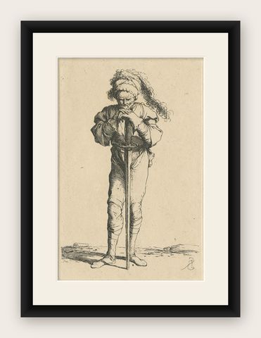 Rare Etching of a Warrior Standing and Leaning on a Long Sword, ca.1658, shown framed