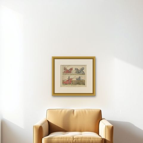 Antique German Jousting Knights Plate c.1500, Hand-Colored Print, Published 1880, shown framed on a wall