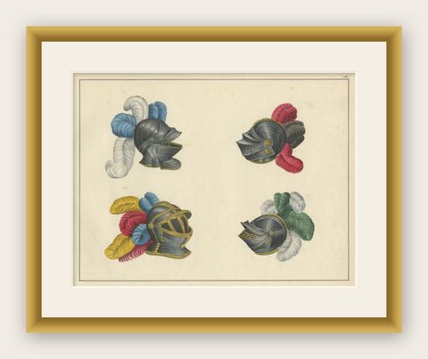 19th-Century Hand-Coloured Lithograph of Knightly Helmets with Vibrant Plumes, shown framed