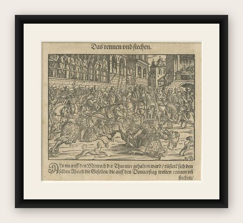 Original 16th Century Engraving of a Medieval Tournament, ca.1578, shown framed