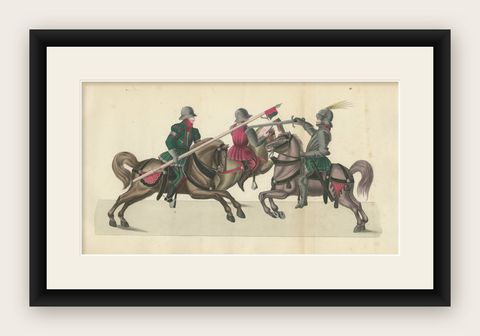 19th-Century Hand-Coloured Lithograph of Mounted Combat with Spear and Sword, shown framed