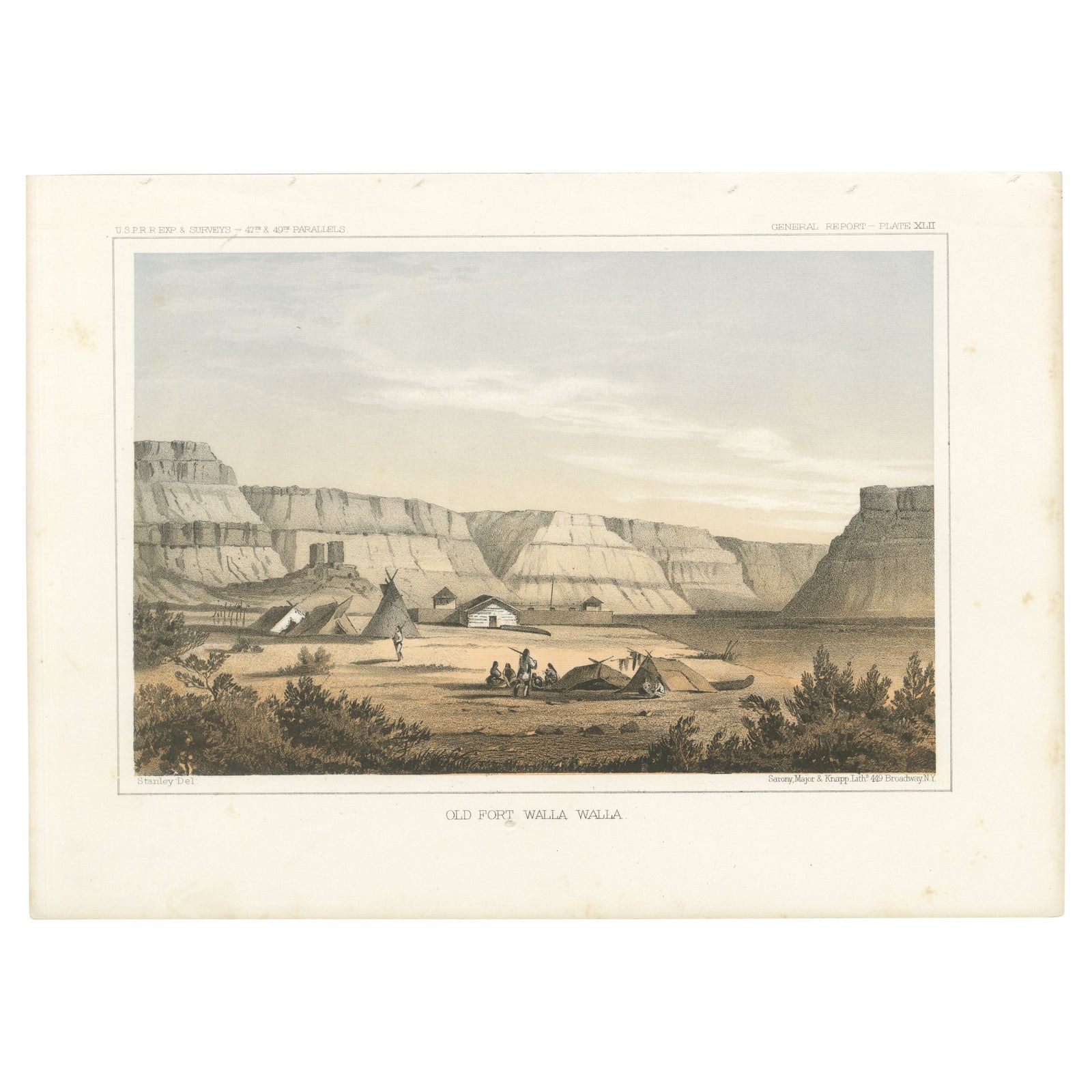 Original Antique Tinted Lithograph of Old Fort Walla Walla in Washington, 1856