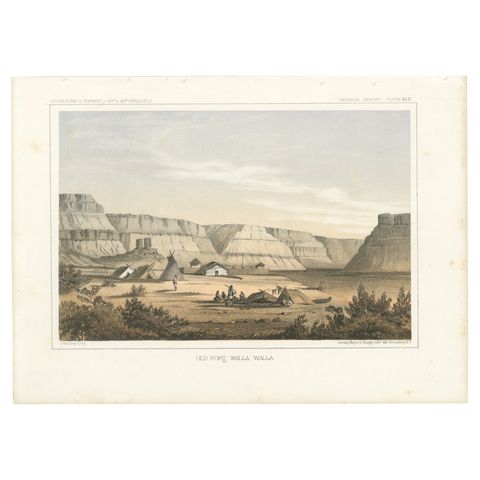 Original Antique Tinted Lithograph of Old Fort Walla Walla in Washington, 1856