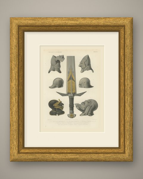 Medieval Helmets and a German Sword, Antique Print, 1851, shown framed