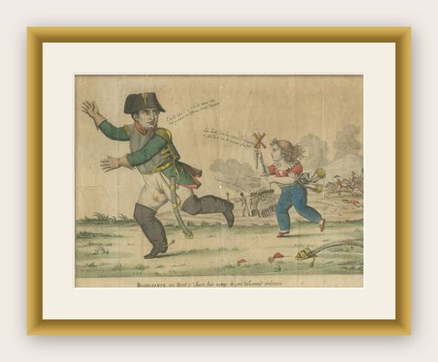 Antique Satirical Print of Napoleon Fleeing from the Battlefield '1815', shown framed