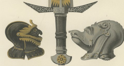 Medieval Helmets and a German Sword, Antique Print, 1851, close-up 3