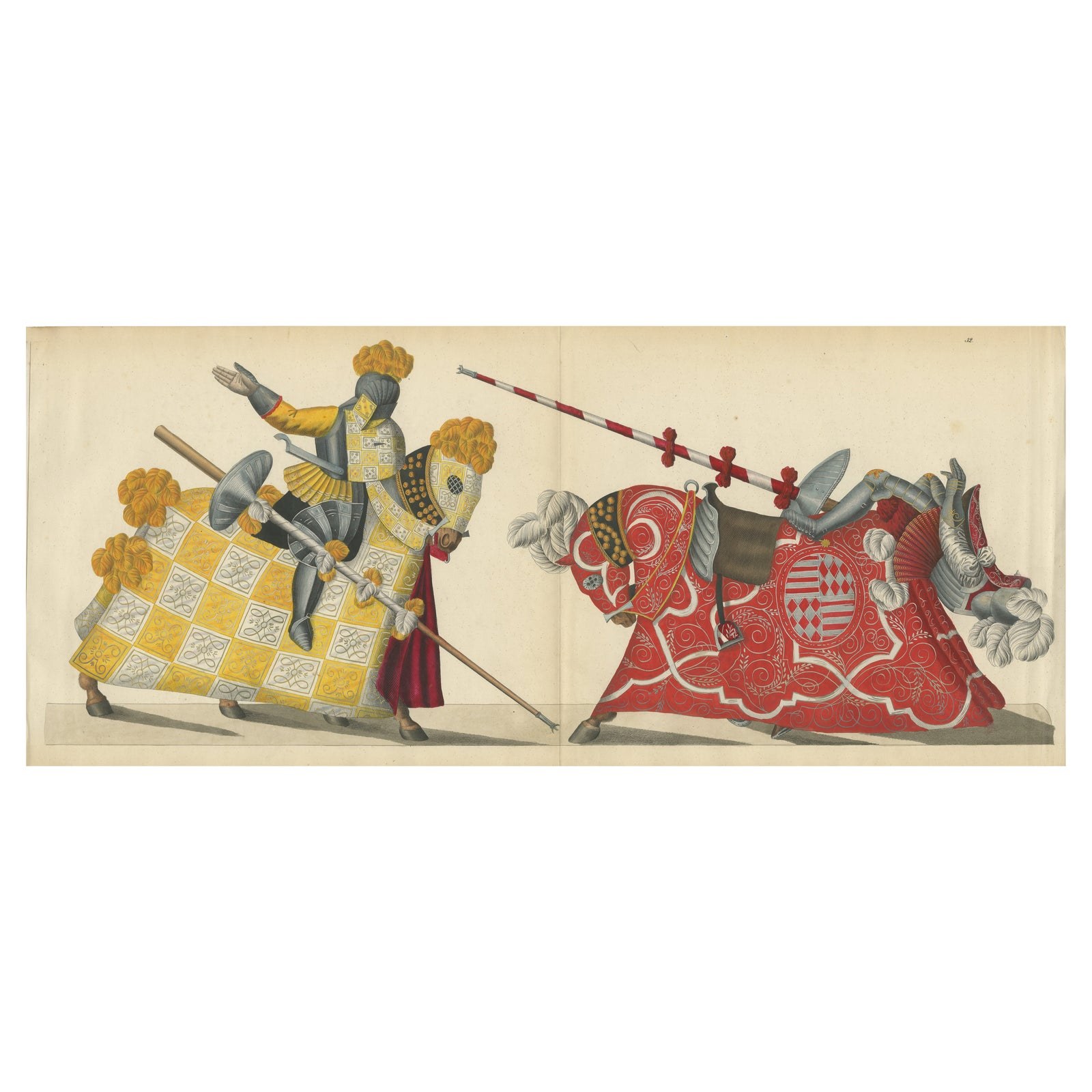 19th-Century Hand-Coloured Litho: Ornate Jousting Knights with Striking Heraldry