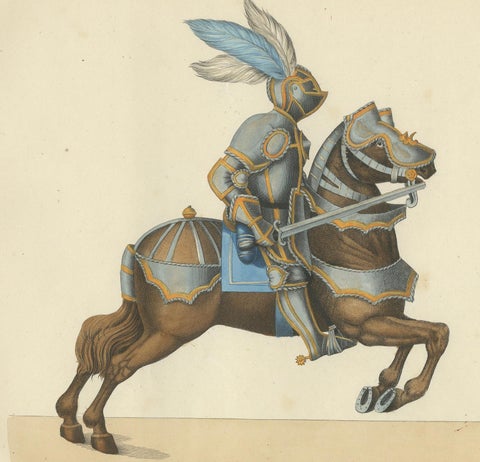 Hand-Coloured Litho of Knights in Jousting Armor on Caparisoned Horses, 1842, close-up 4